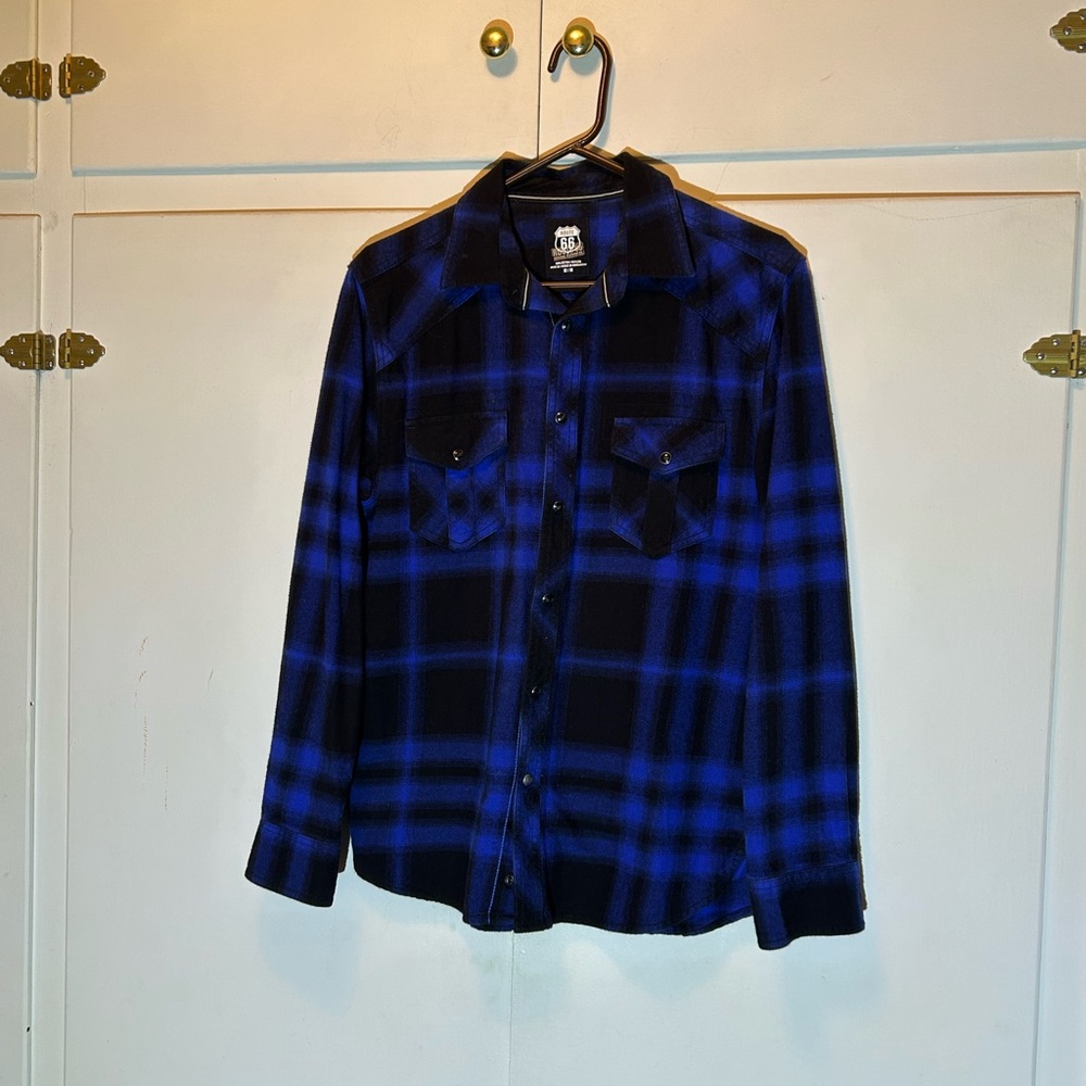 Route 66 Men's Blue and Black Plaid Shirt - Picture 2 of 7